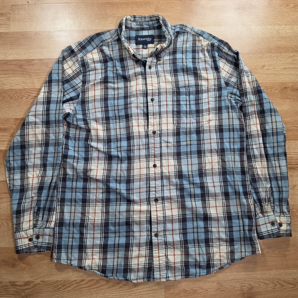 St. John's Bay Flannel Shirt Mens XLT Long Sleeve Plaid Blue White Orange